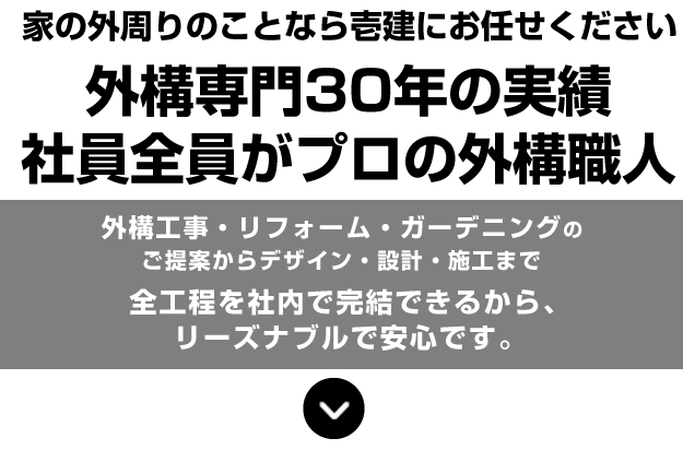 家の外回りのことなら壱建にお任せください。壱建は社員全員がプロの外構職人。外構工事・リフォーム・ガーデニングのご提案からデザイン設計・施工まで、全行程を社内で完結できるから、リーズナブルで安心です。